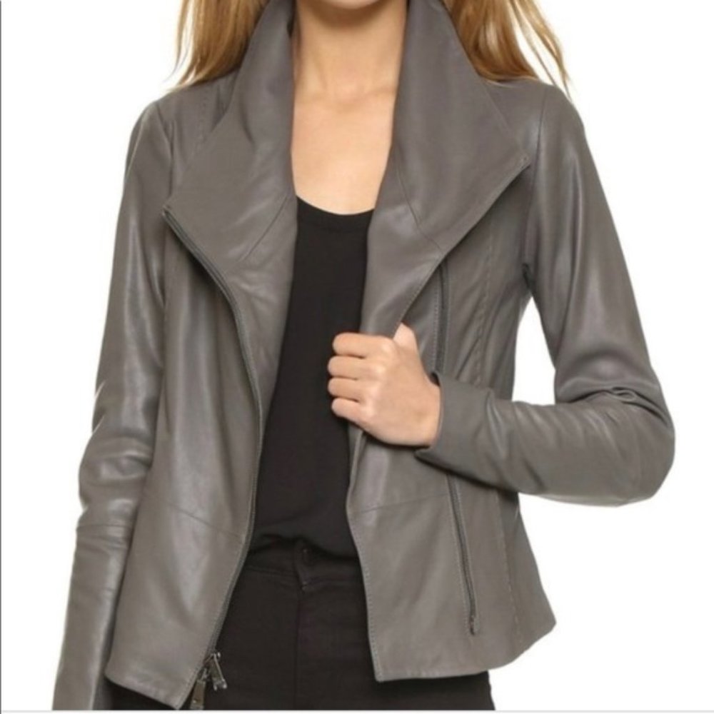 Vince Scuba Leather Moto Jacket Lamb Leather grey